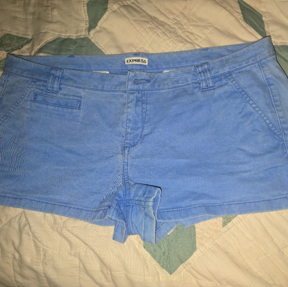 Express Chino Shorts Women's Size 12 Flat Front Cotton Stretch Blue Low Rise